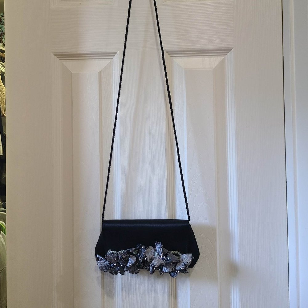Black Polyster Purse with Gray Flowers